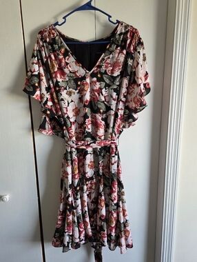 White House Black Market Black Floral Mini Dress with Pink and White Blooms
